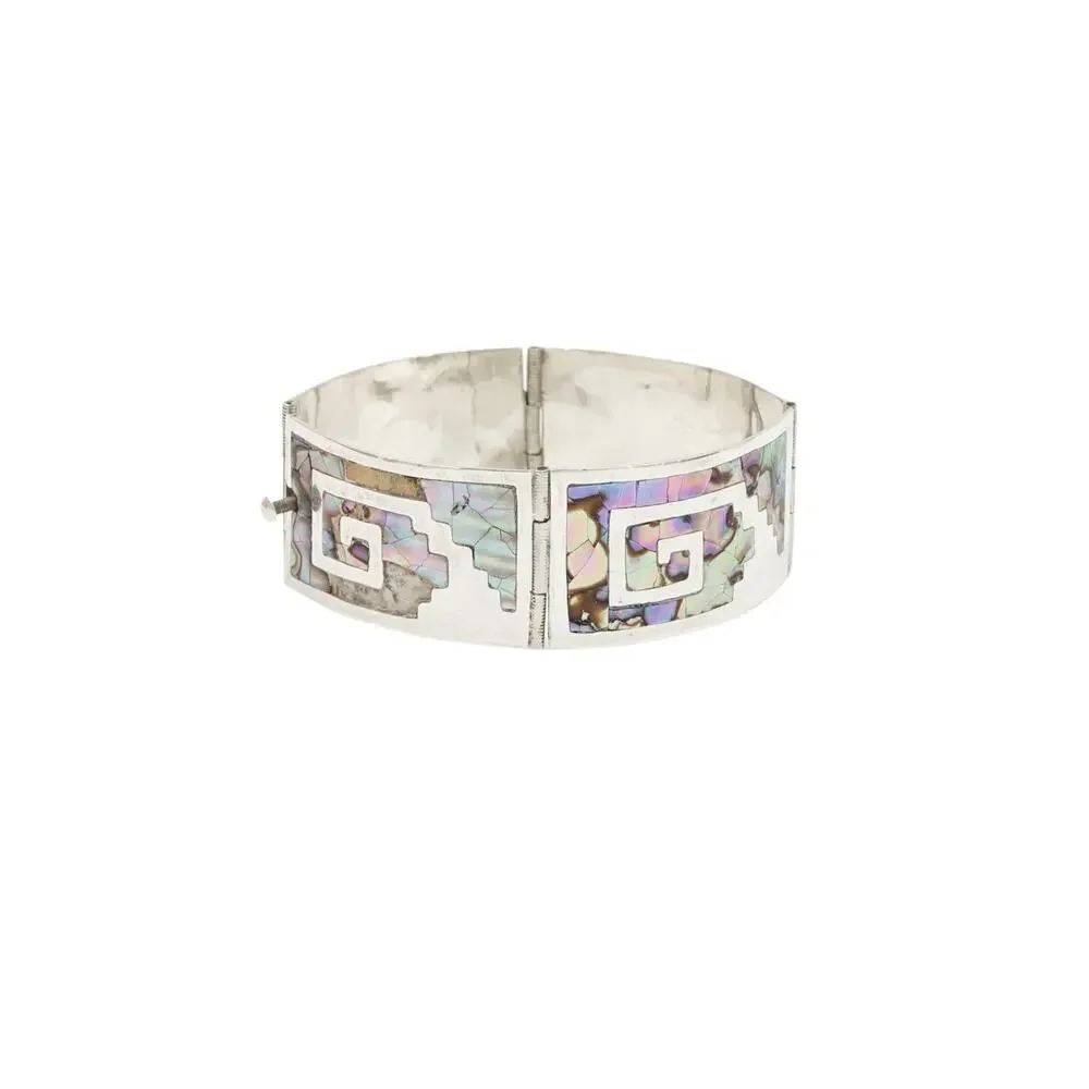 Vintage Sterling Silver Greek Key Abalone Cuff Bracelet, Mexico